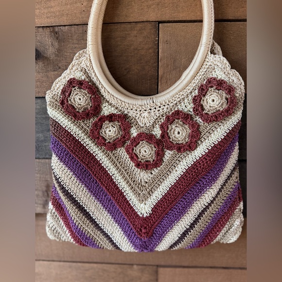 Vintage Crochet Floral Boho Shoulder Bag 70s Style Knit Purse Hippie Tote - Picture 6 of 13